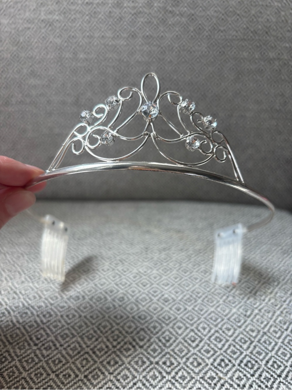 Dainty Silver Metal Tiara with Comb Fasteners – Rhinestone & Spiral Detail